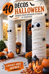 Un jardin décoré pour Halloween avec des lanternes, des toiles d'araignées et des citrouilles, créant une ambiance festive.