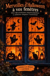 Fenêtre décorée pour Halloween avec des éléments envoûtants et mystérieux.
