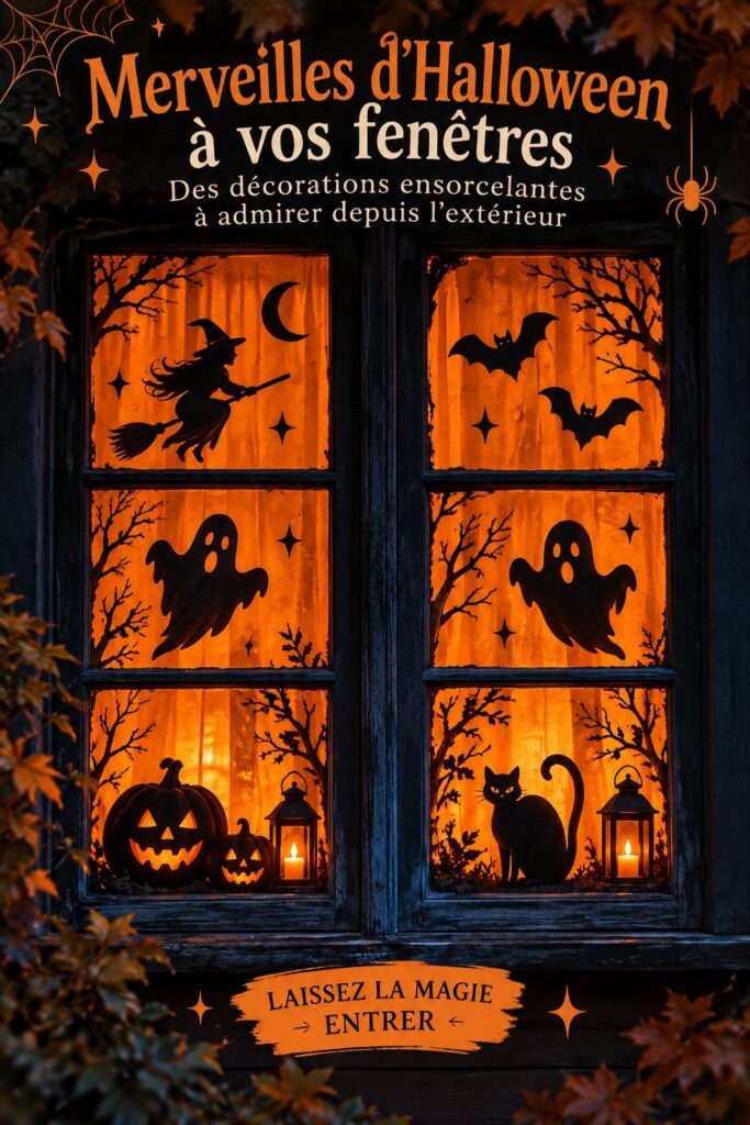 Fenêtre décorée pour Halloween avec des éléments envoûtants et mystérieux.