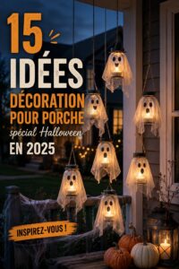 Porche décoré pour Halloween avec des citrouilles et des lanternes.