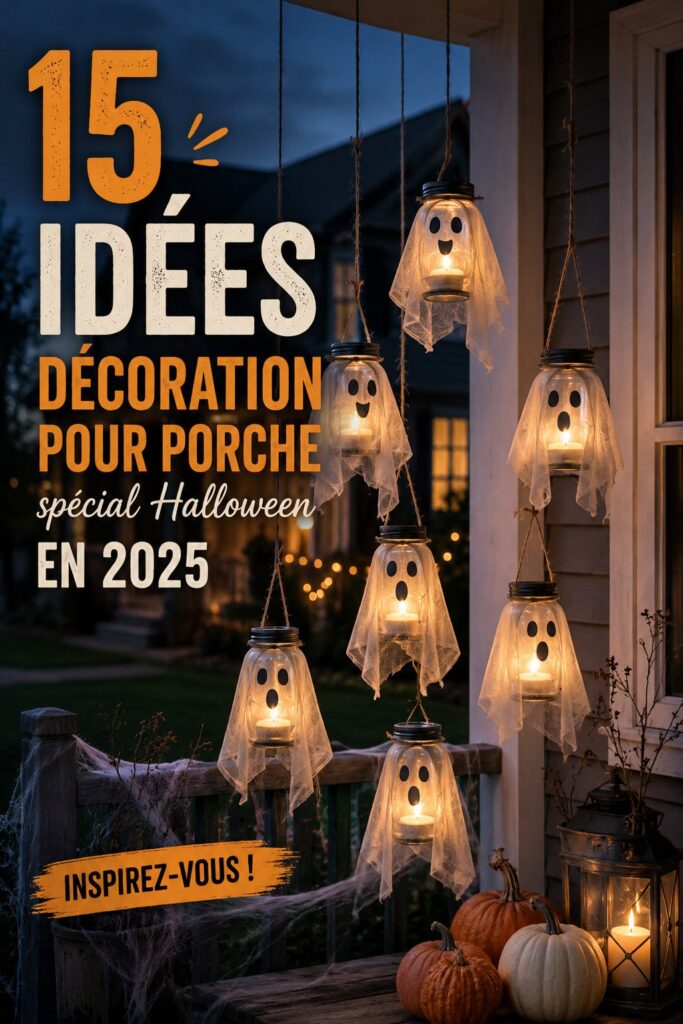 Porche décoré pour Halloween avec des citrouilles et des lanternes.