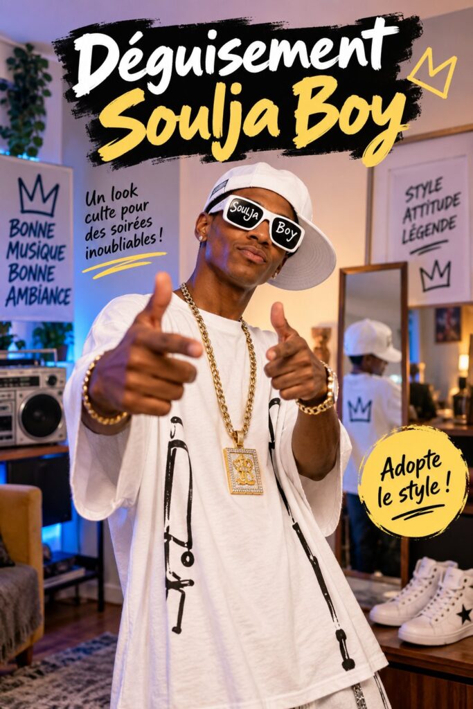 Déguisement inspiré de Soulja Boy avec des vêtements stylés et accessoires flashy