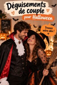 Un couple déguisé lors d'Halloween, affichant des costumes assortis et créatifs.