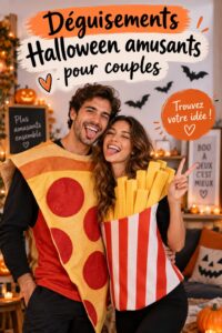 Couple déguisé en costumes amusants pour Halloween avec des accessoires colorés.