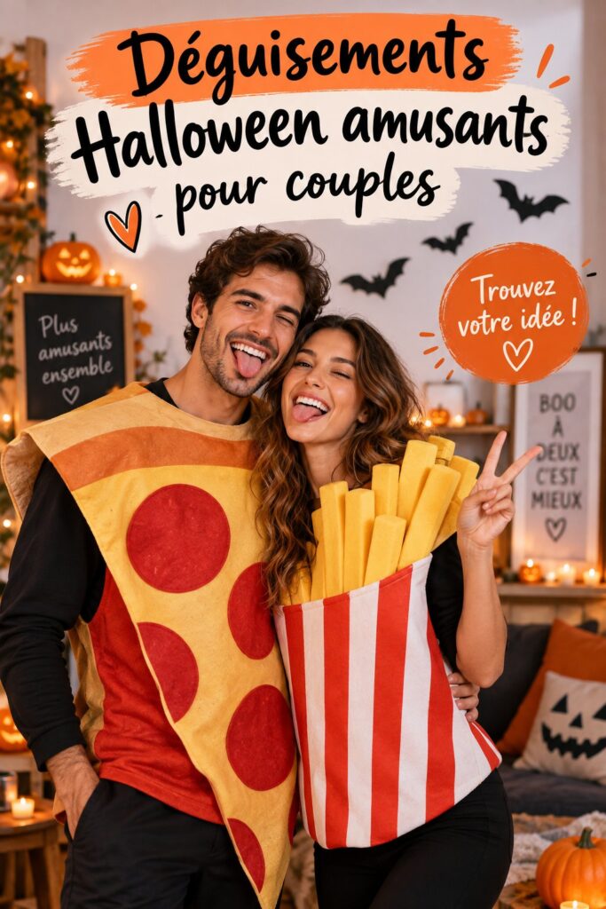 Couple déguisé en costumes amusants pour Halloween avec des accessoires colorés.