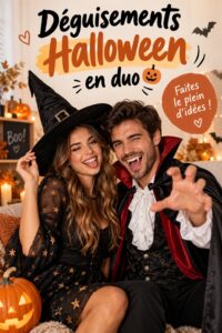 Couple déguisé en costumes d'Halloween originaux, célébrant ensemble la fête.