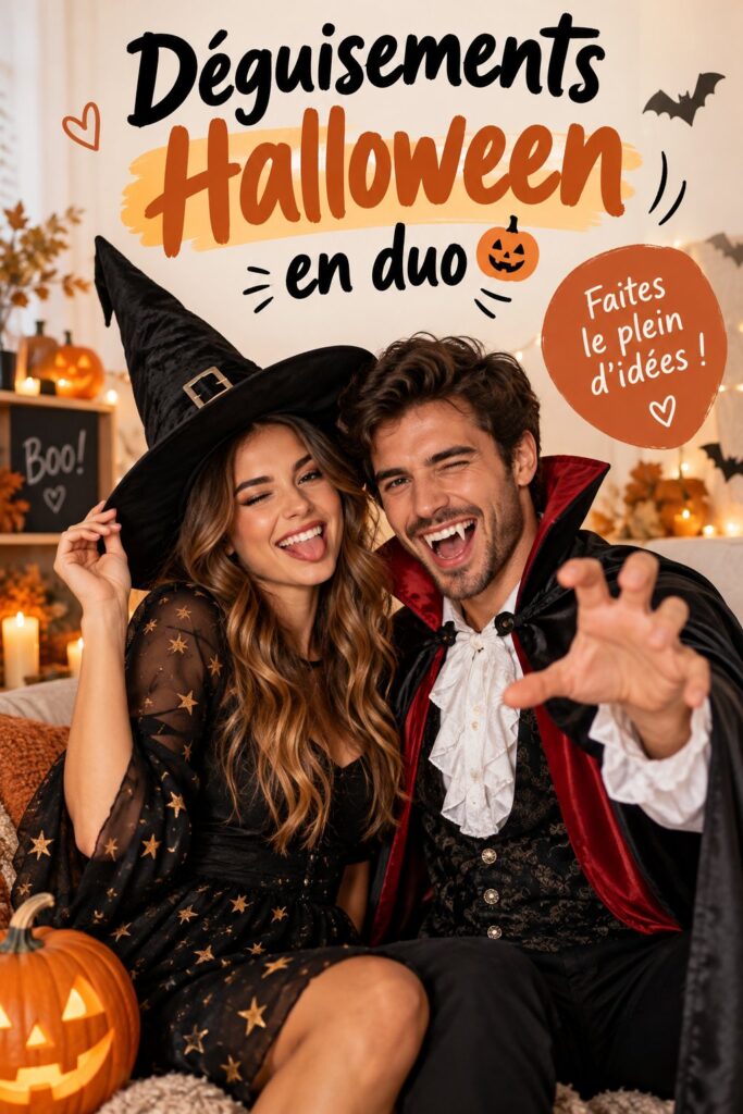 Couple déguisé en costumes d'Halloween originaux, célébrant ensemble la fête.