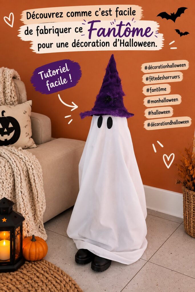 Un fantôme décoratif fait maison pour Halloween, suspendu dans un jardin.