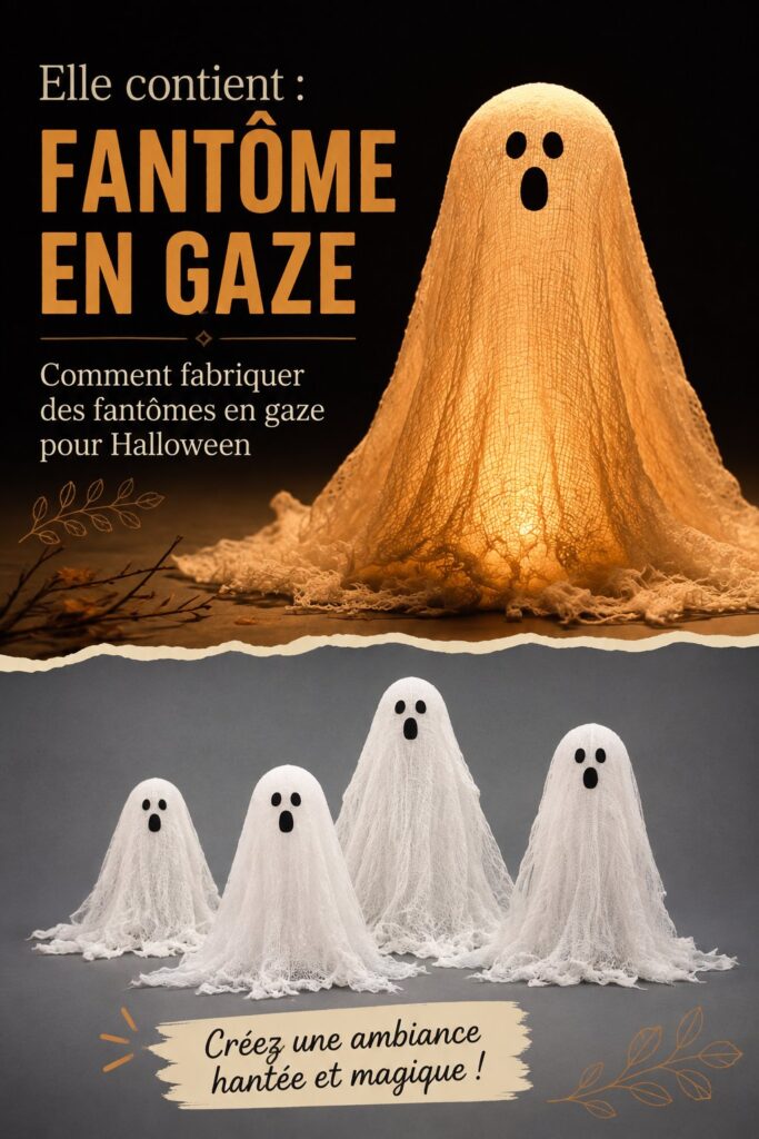 Un fantôme en cheesecloth suspendu dans une maison décorée pour Halloween, créant une atmosphère effrayante.