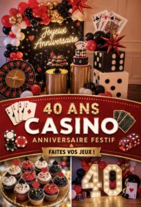Fête d'anniversaire sur le thème du casino avec décorations colorées et jeux de cartes