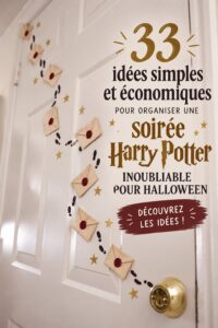 Une table décorée pour une fête Harry Potter avec des accessoires magiques et des plats inspirés de la saga.