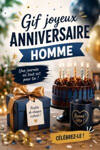 Un GIF d'anniversaire joyeux pour homme avec des ballons et des confettis.