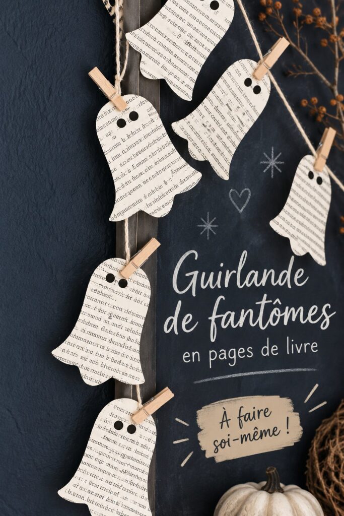 Guirlande de fantômes réalisée avec des pages de livres pour une décoration d'Halloween