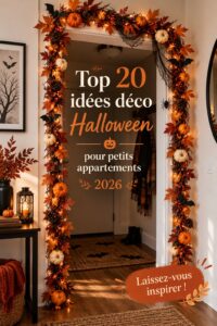 Idées déco Halloween pour petits appartements avec des citrouilles et des guirlandes lumineuses.
