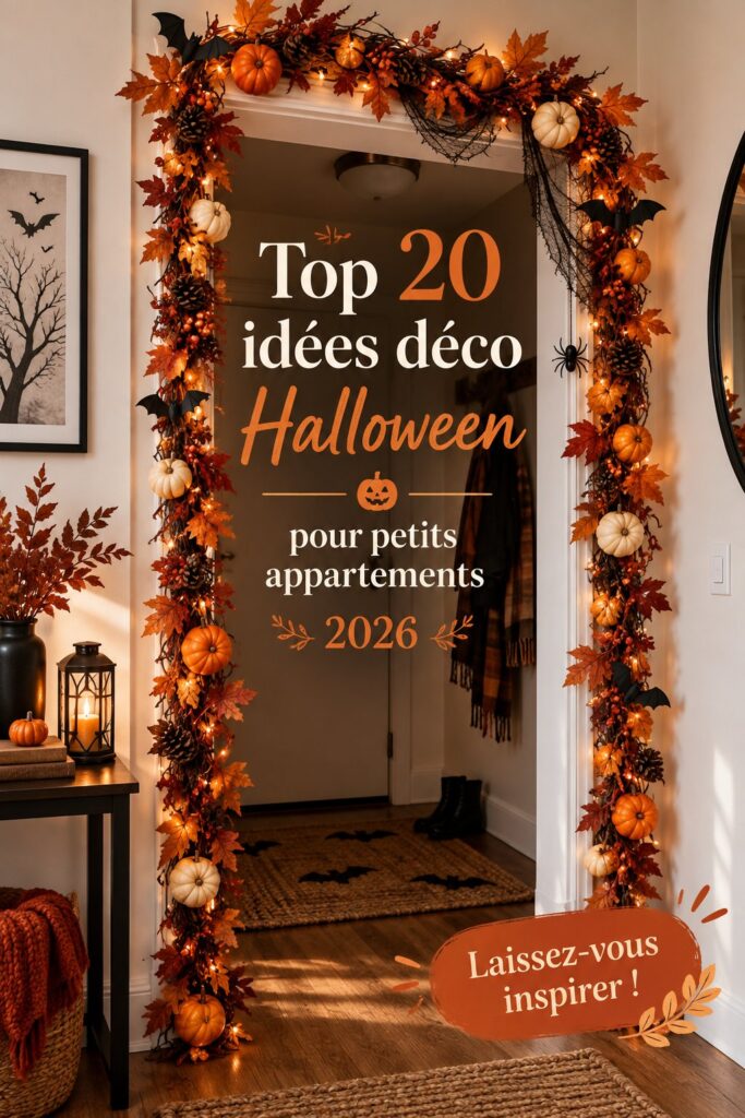 Idées déco Halloween pour petits appartements avec des citrouilles et des guirlandes lumineuses.