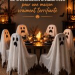 Une maison décorée pour Halloween avec des lanternes, des toiles d'araignée et une ambiance mystérieuse.