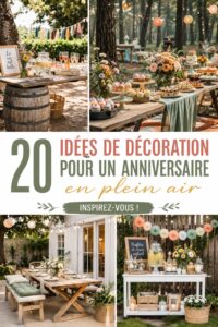 Idée de décoration d'anniversaire en extérieur avec des guirlandes lumineuses et des tables en bois