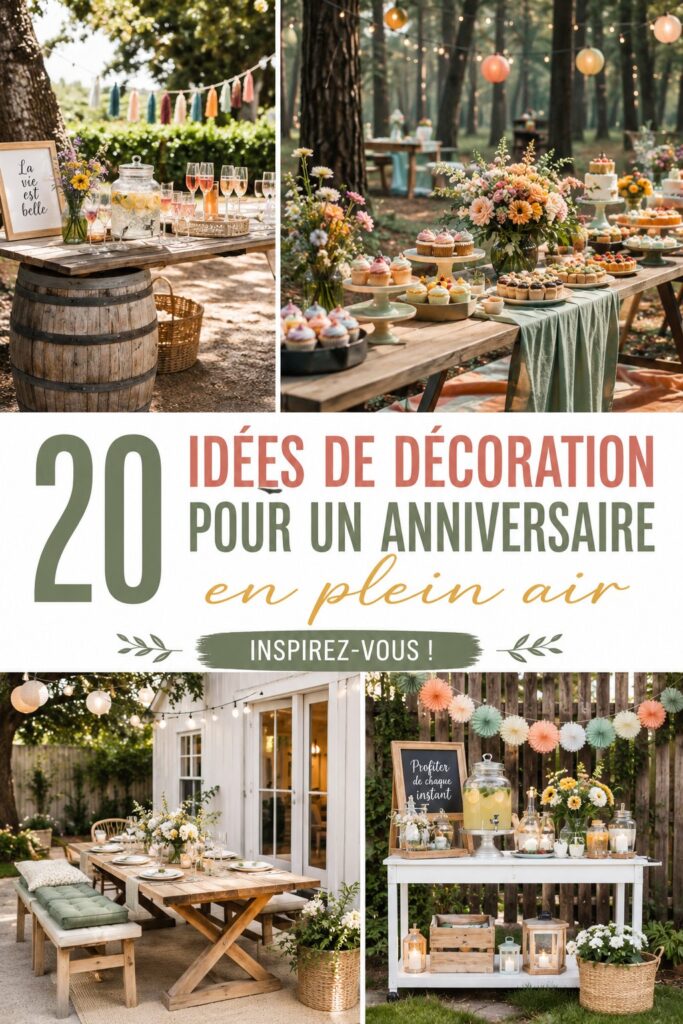 Idée de décoration d'anniversaire en extérieur avec des guirlandes lumineuses et des tables en bois