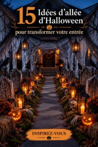 Entrée décorée pour Halloween avec des citrouilles et des lumières