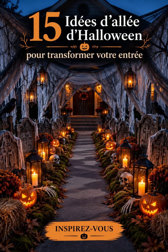 Entrée décorée pour Halloween avec des citrouilles et des lumières