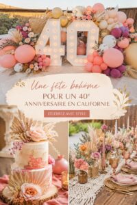Un décor d'anniversaire bohème avec des guirlandes lumineuses et des fleurs colorées.