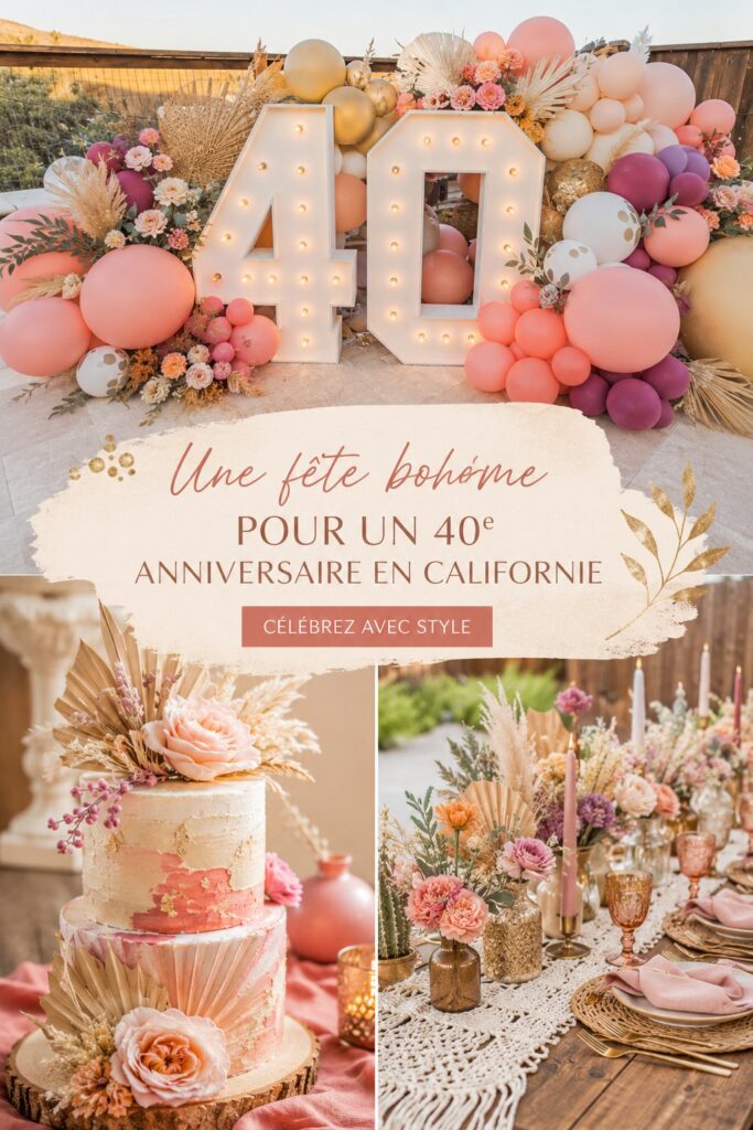 Un décor d'anniversaire bohème avec des guirlandes lumineuses et des fleurs colorées.