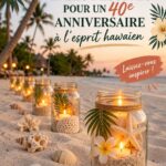 Fête d'anniversaire hawaïenne décorée de fleurs et de lanternes.