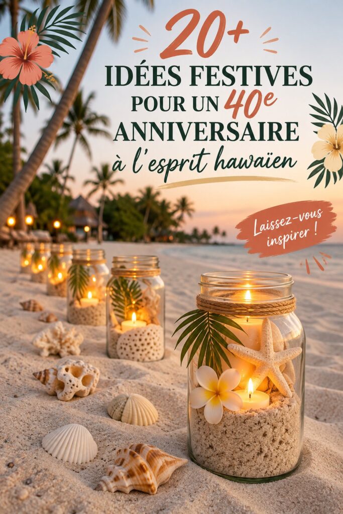 Fête d'anniversaire hawaïenne décorée de fleurs et de lanternes.