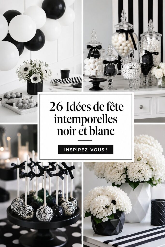 Photo d'une fête d'anniversaire élégante avec une décoration noir et blanc