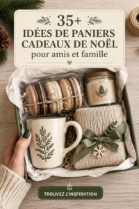 Un beau panier cadeau de Noël décoré avec des éléments festifs et chaleureux.