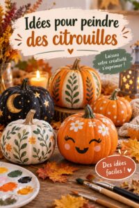 Des citrouilles peintes dans des couleurs vives, présentées sur une table en bois.