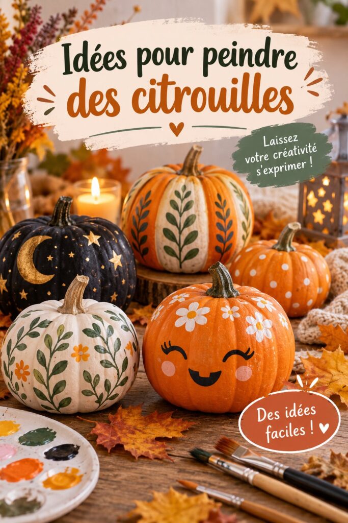 Des citrouilles peintes dans des couleurs vives, présentées sur une table en bois.