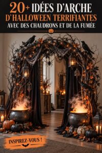 Un portail d'Halloween décoré avec des chaudrons et du brouillard, créant une ambiance mystérieuse.