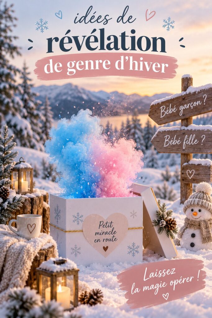 Une table décorée pour une révélation de genre en hiver avec des éléments festifs et des couleurs douces.