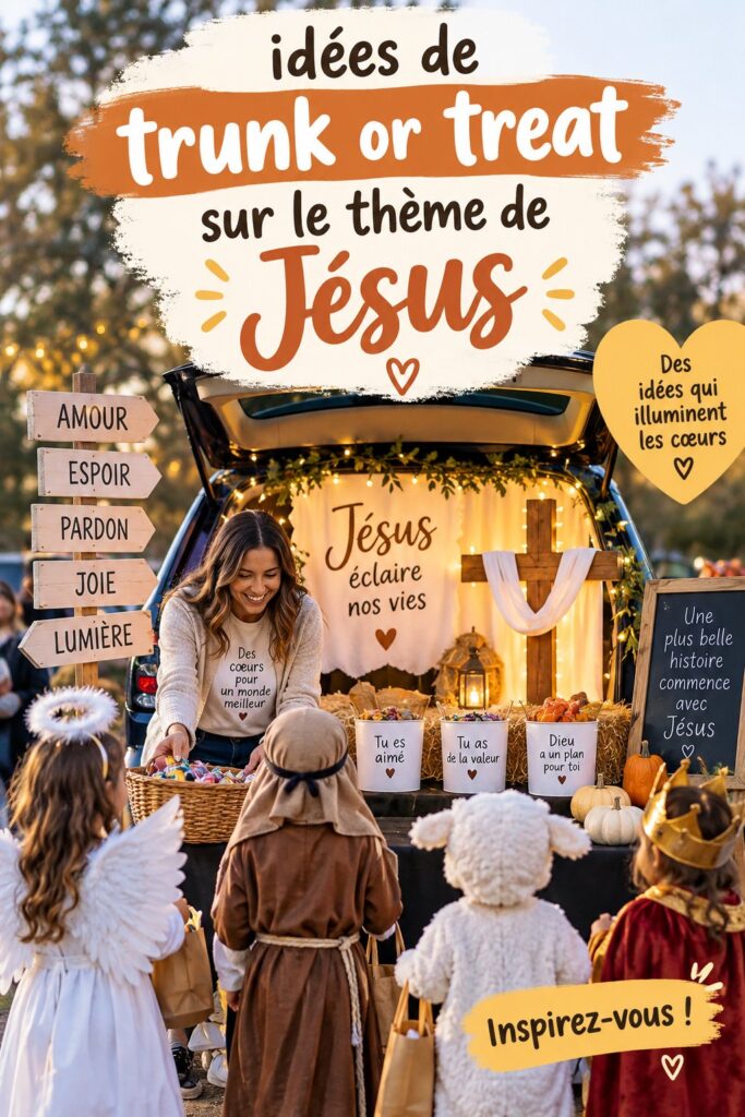 Décoration d'un trunk or treat sur le thème de Jésus avec des symboles chrétiens