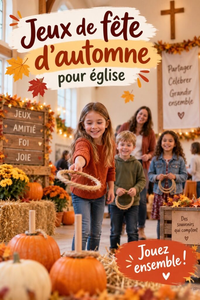 Un groupe de personnes jouant à un jeu d'automne lors d'une célébration à l'église.