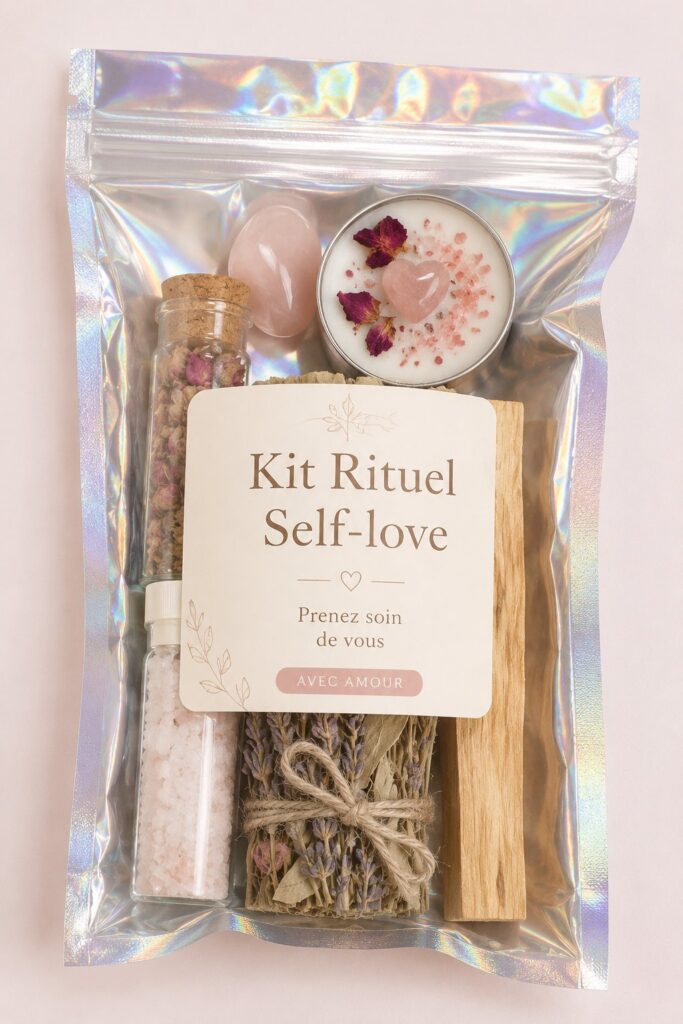 Un joli kit de rituels d'amour de soi sur une table en bois avec des éléments apaisants.
