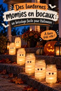 Lanterne momie éclairée pour Halloween, réalisée avec un bocal en verre.