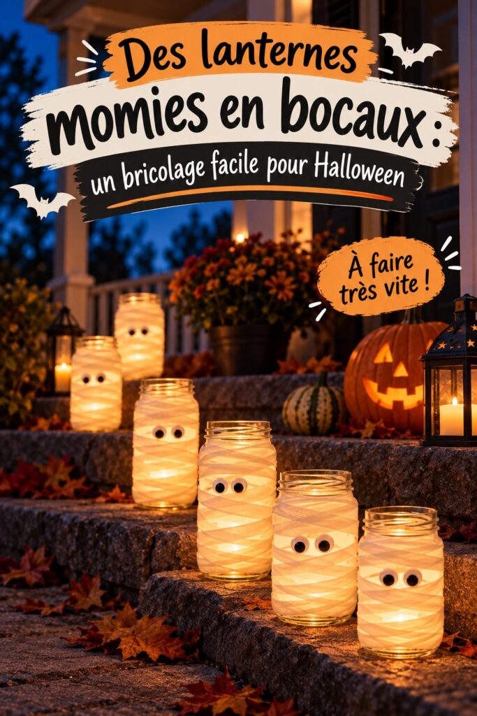 Lanterne momie éclairée pour Halloween, réalisée avec un bocal en verre.