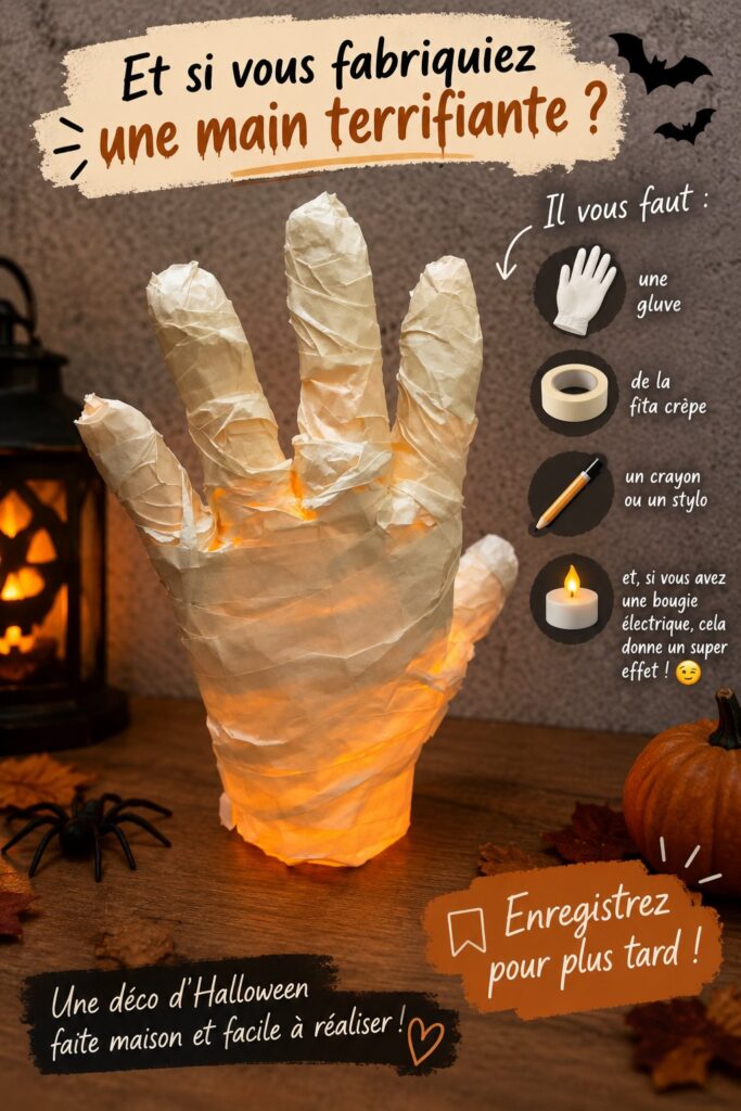 Main terrifiante en décoration d'Halloween sur une table sombre