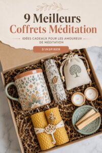 Sélection de kits de méditation colorés sur une table en bois