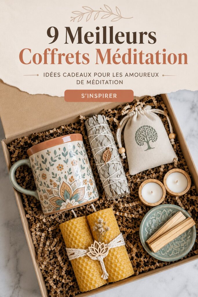 Sélection de kits de méditation colorés sur une table en bois