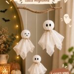 Un mobile fantôme DIY orange et noir suspendu au plafond dans une ambiance décorative d'Halloween.