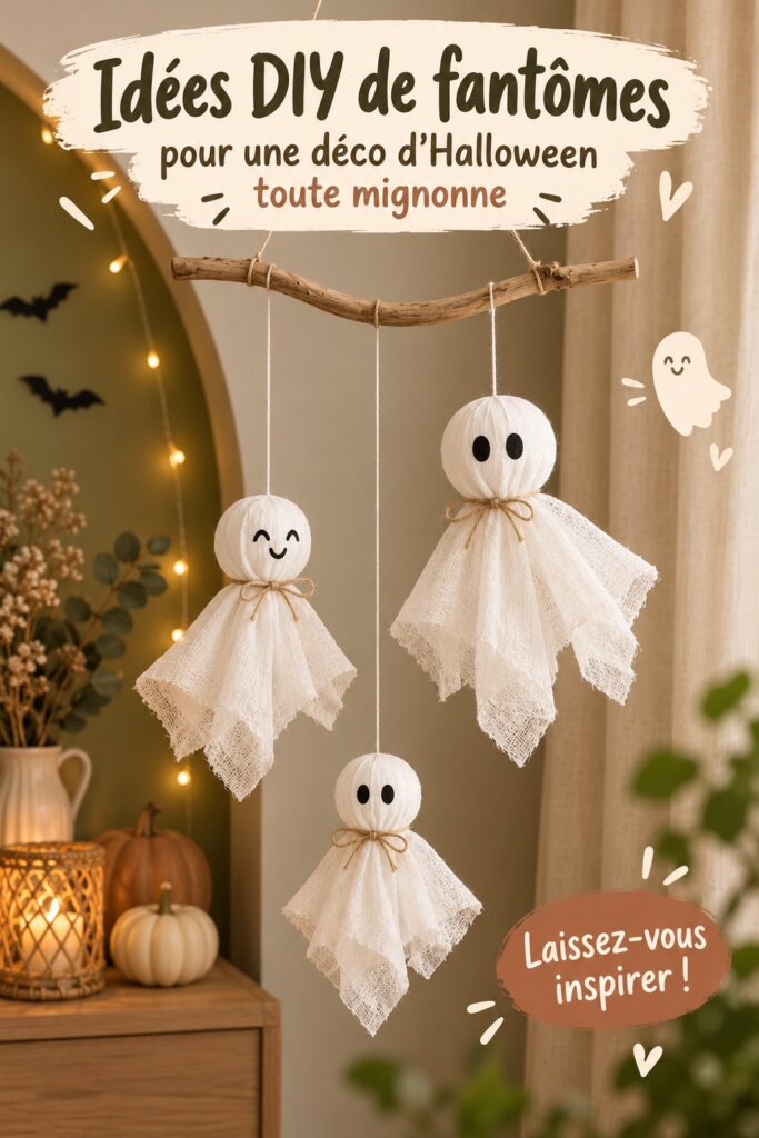 Un mobile fantôme DIY orange et noir suspendu au plafond dans une ambiance décorative d'Halloween.