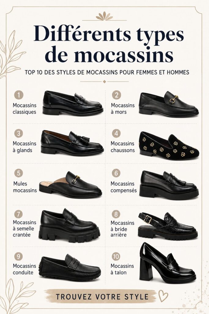 Une sélection de mocassins stylés pour hommes et femmes sur un fond neutre.