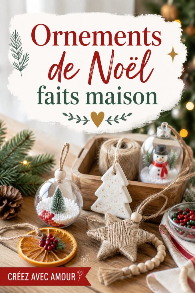 Ornements de Noël faits maison en bois et tissu sur un sapin décoré