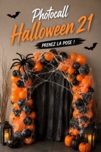 Photocall Halloween avec des décorations de citrouilles et de toiles d'araignée.