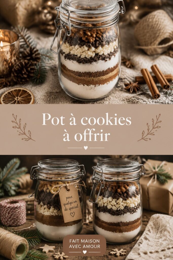Un joli pot à cookies en verre décoré de rubans et rempli de biscuits faits maison