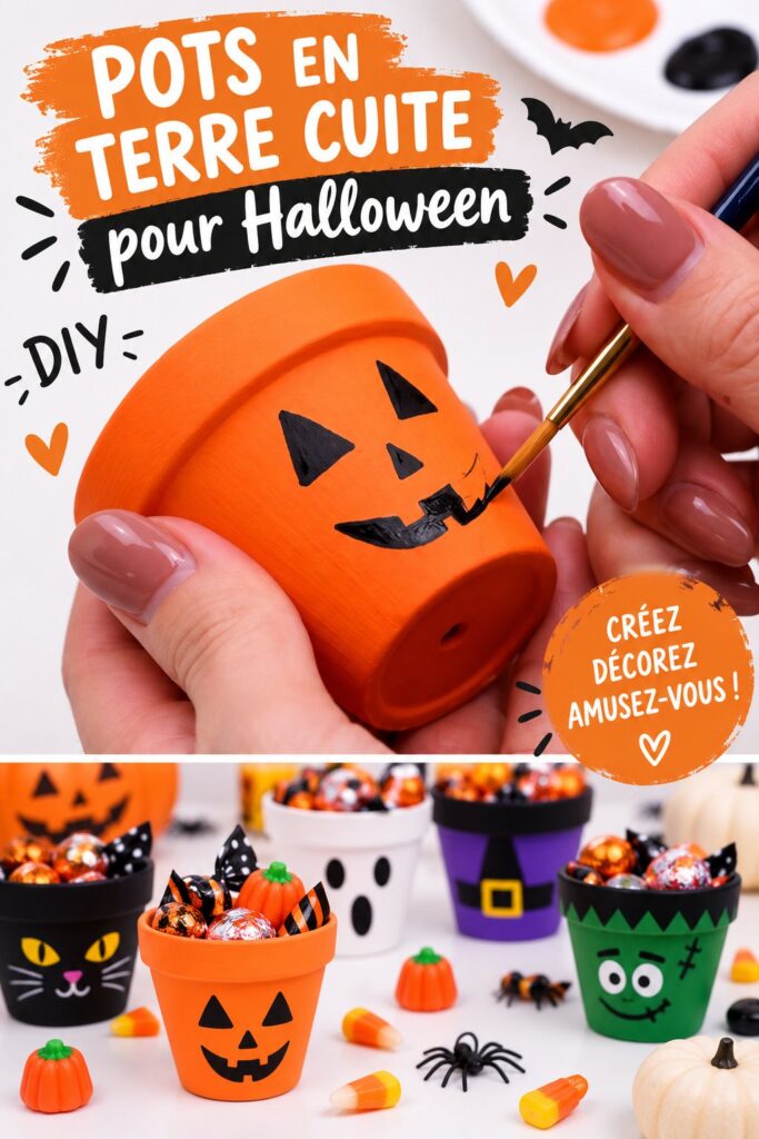 Des pots en argile décorés pour Halloween avec des motifs effrayants.