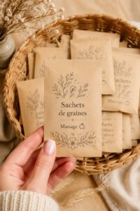 Sachets de graines colorés présentés sur une table de mariage.